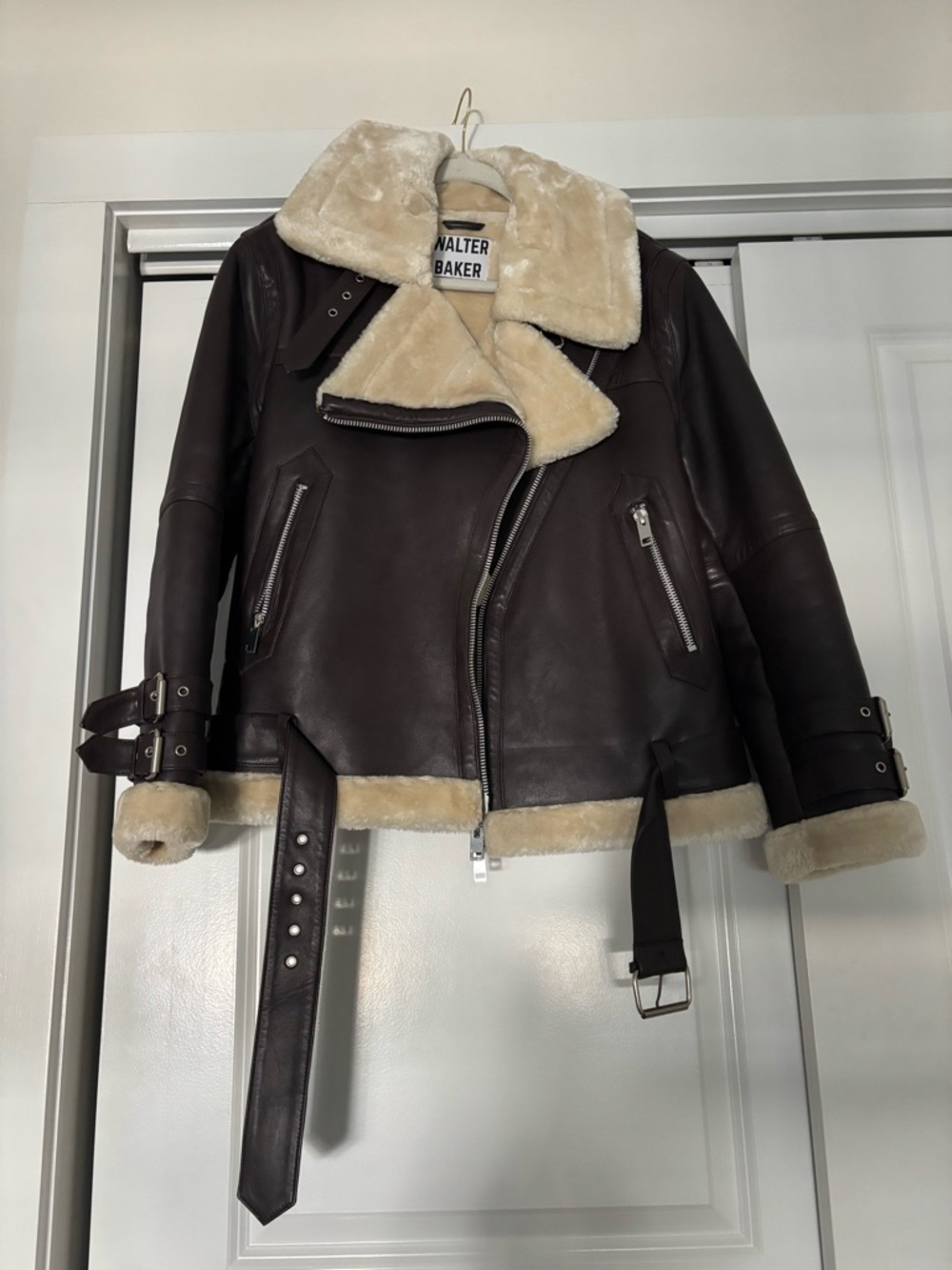 Walter Baker Dark Brown Leather Shearling Aviator Jacket with Cream Trim